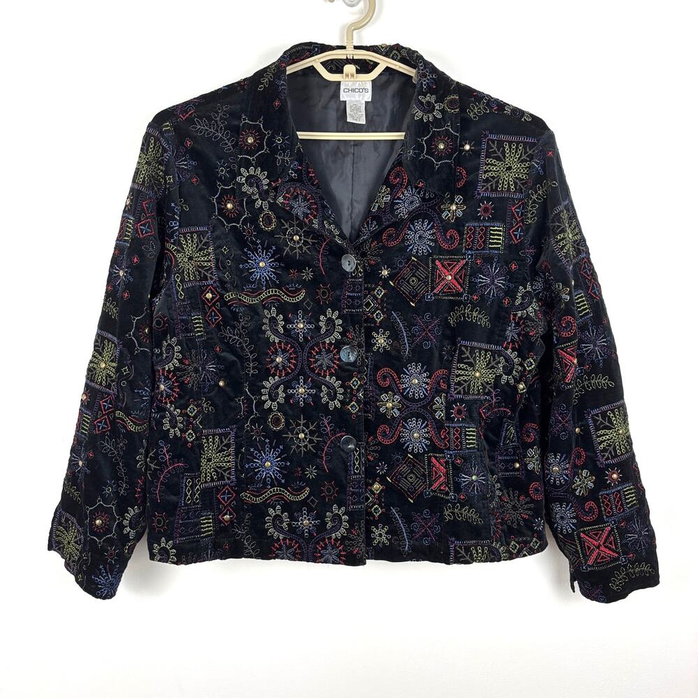 Chico's Black Velvet Floral Embroidered Jacket size 3/ XL whimsygoth boho artsy